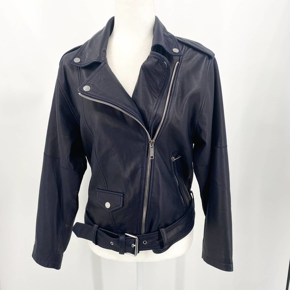 NWT LTH JKT Zoe Batwing Biker Leather Moto Navy Blue Jacket Size Small - Picture 6 of 16